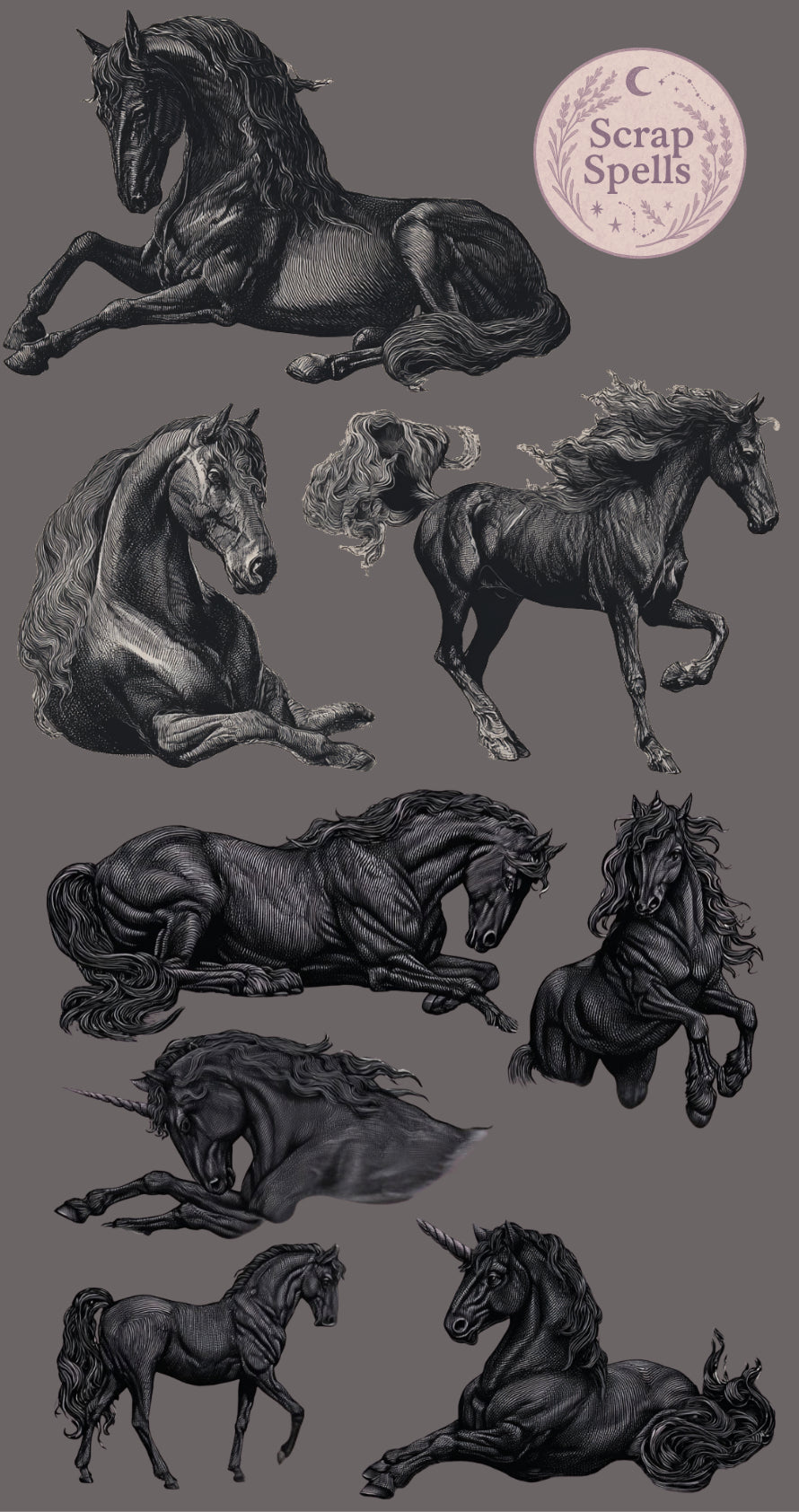 Shadow Spirits Sticker Sheet (Black Horses & Unicorns)