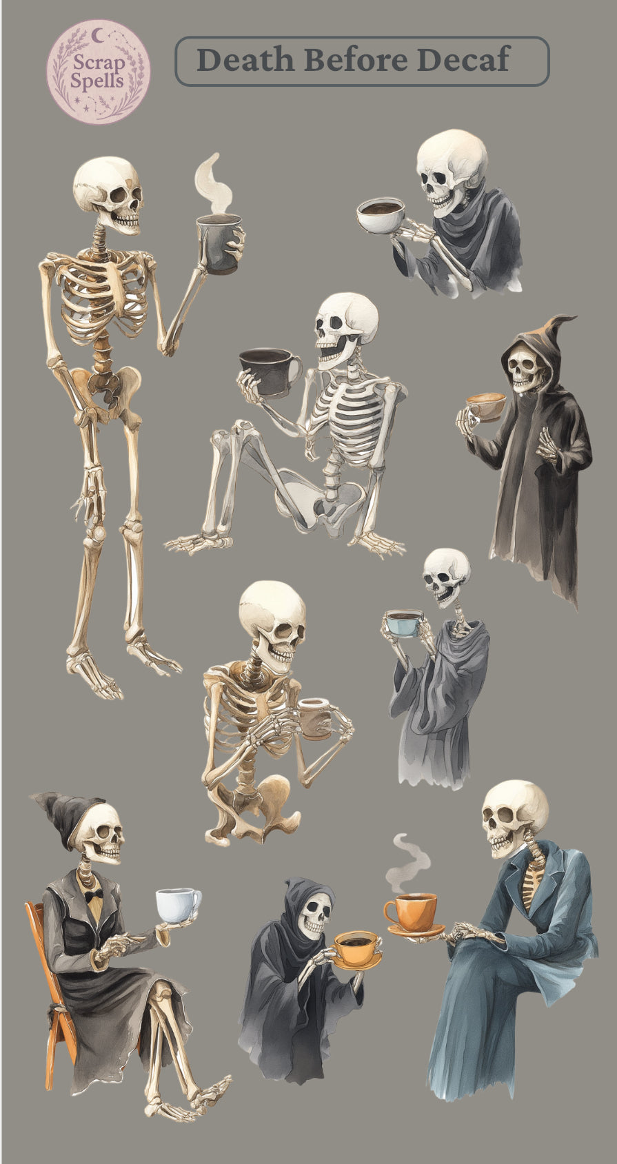 Death Before Decaf Skeletons Sticker Sheet
