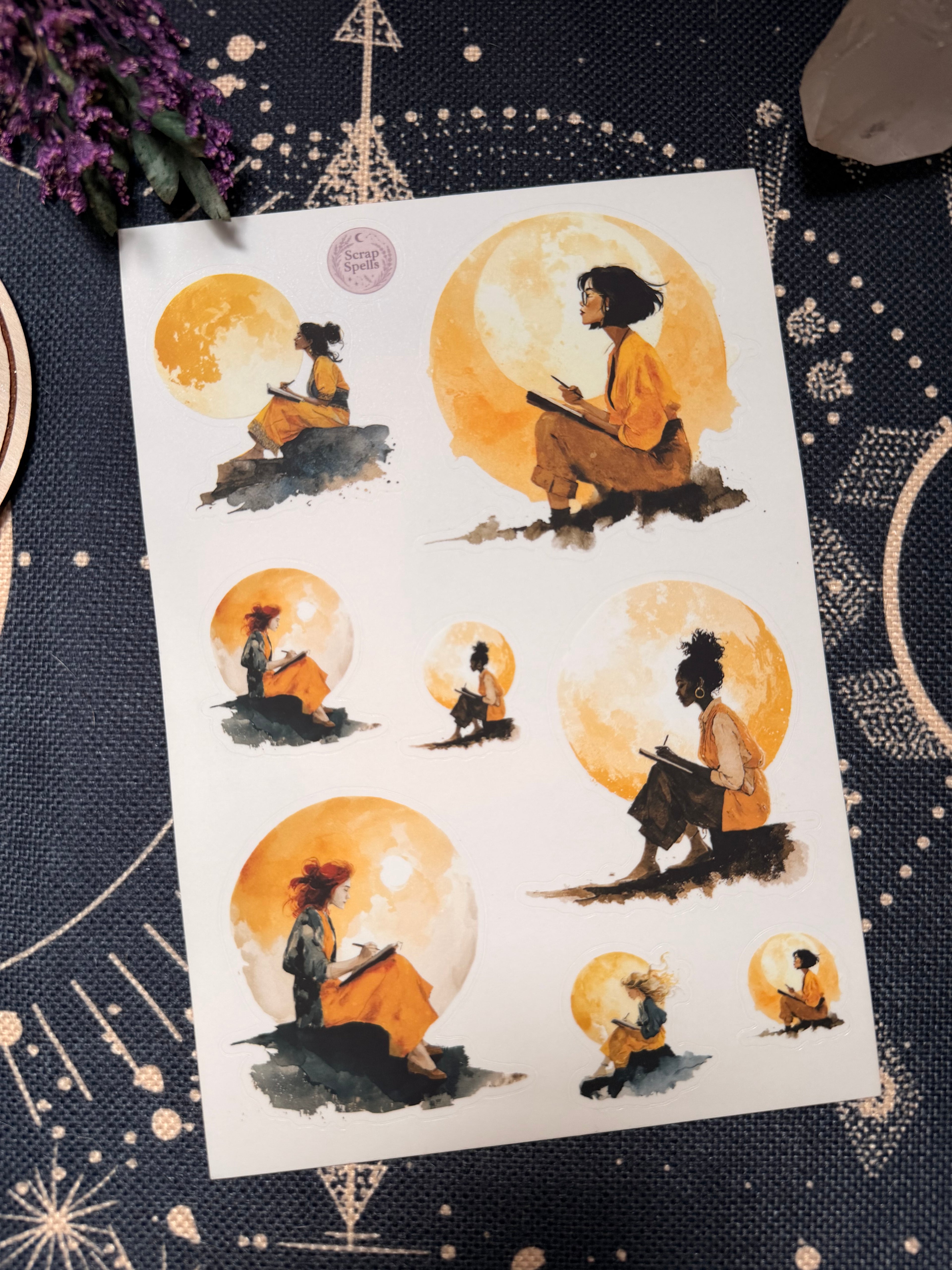 She Journals Under the Same Moon — Clear Matte Sticker Sheet
